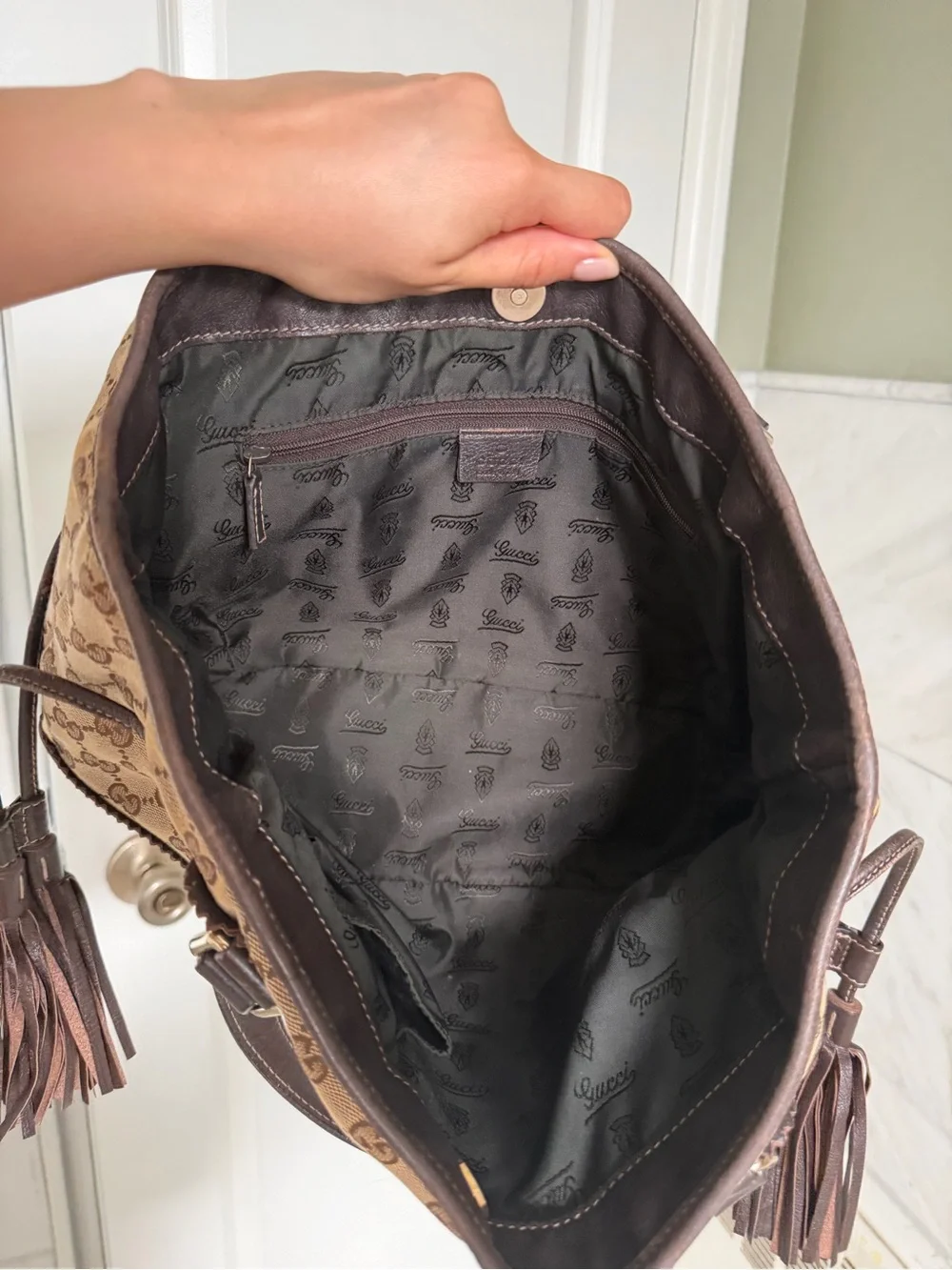 Gucci Tribeca Beige and Dark Brown GG Canvas Tote with Tassels